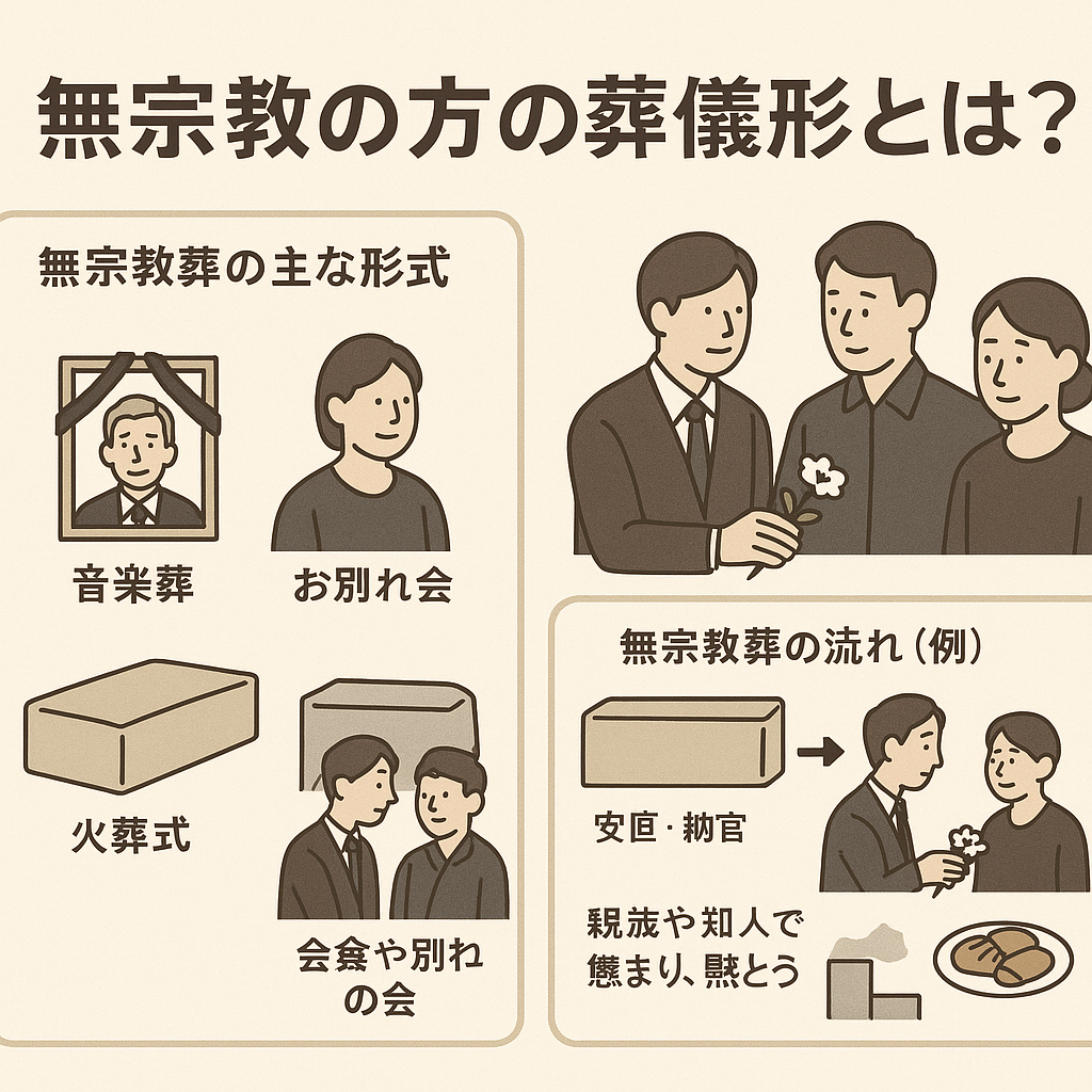 「供花と内盛籠が並ぶ祭壇を描いたイラスト｜喪主の意向に沿って供物を選ぶ説明とライフサポートのロゴ入り」