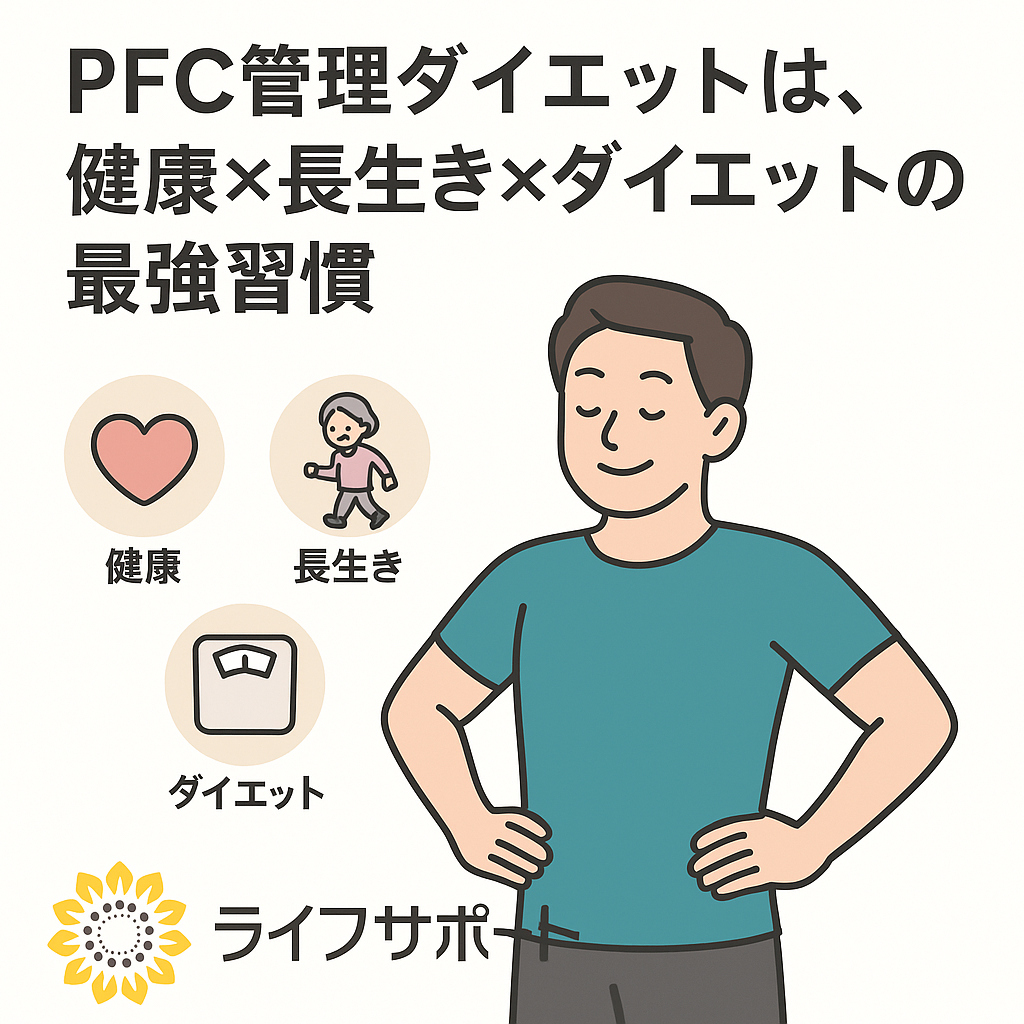 「PFC管理ダイエットを紹介する、株式会社ライフサポートのロゴと社名入り健康情報イラスト。健康・長生き・ダイエットの三要素を強調したシンプルで親しみやすいデザイン。」