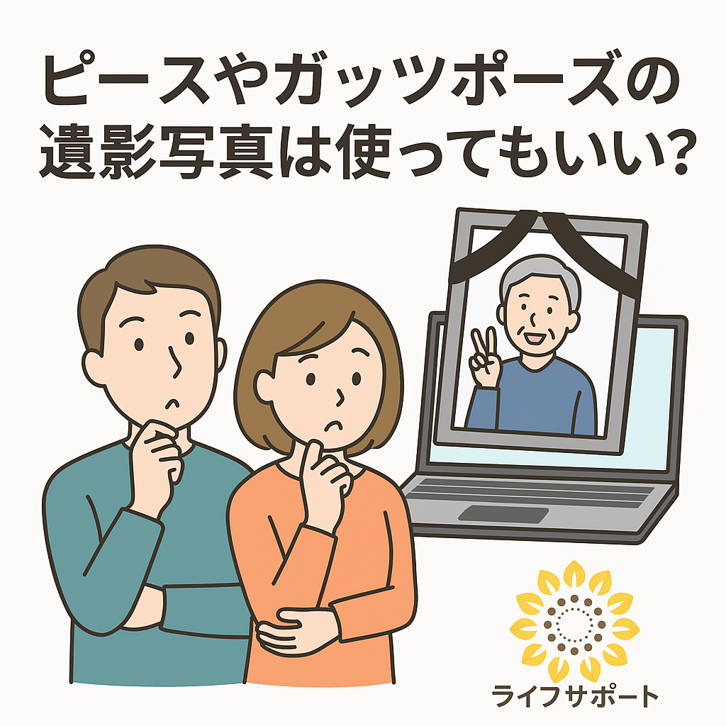 「ピースサインやガッツポーズの遺影写真も使える時代に対応した葬儀案内イラスト｜ライフサポートのロゴ入り」
