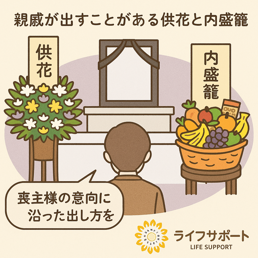 「供花と内盛籠が並ぶ祭壇を描いたイラスト｜喪主の意向に沿って供物を選ぶ説明とライフサポートのロゴ入り」
