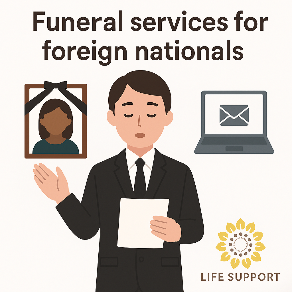 "A compassionate funeral service representative assisting a foreign family with multicultural funeral arrangements in Japan. Bilingual support and email consultation available."