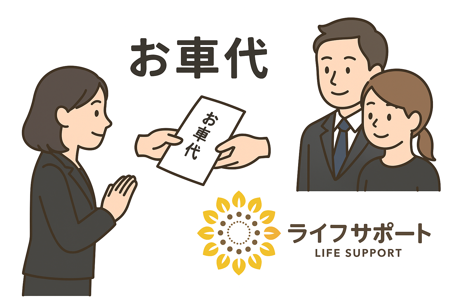 葬儀で僧侶にお車代を渡す場面を描いたイラスト｜ライフサポート公式