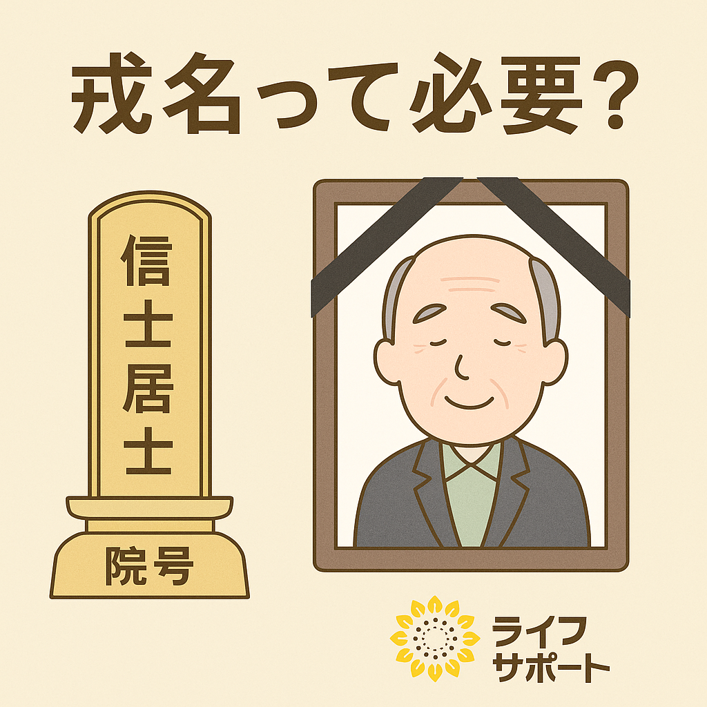 「戒名の種類と意味をわかりやすく説明するイラスト｜信士・居士・院号の違いとライフサポートのロゴ入り」