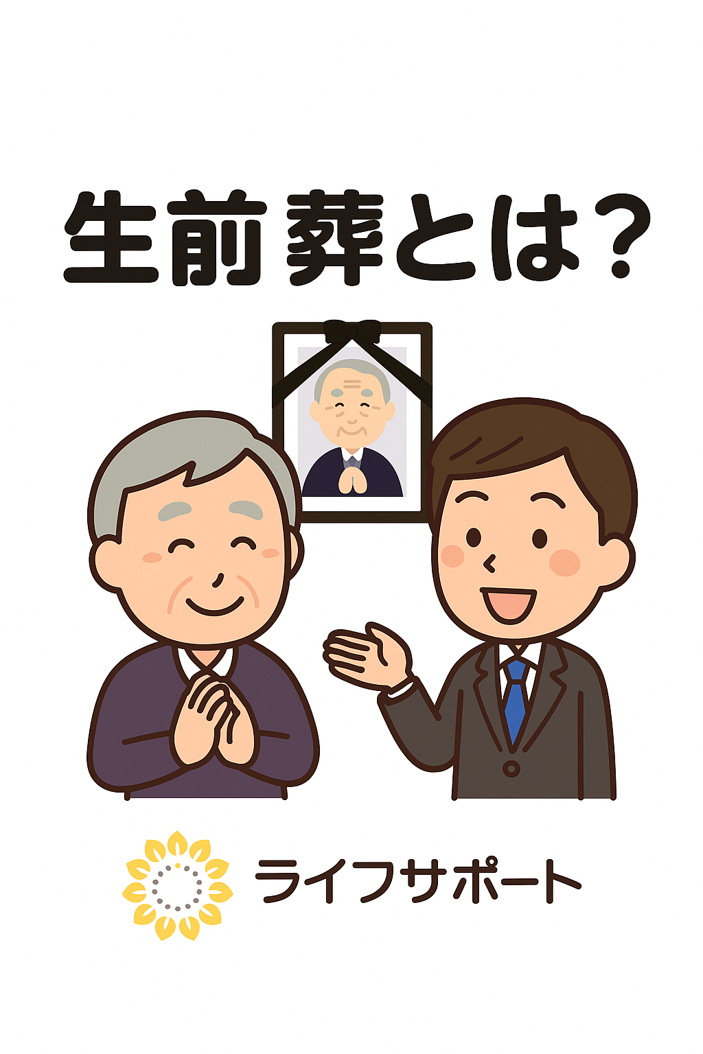 「生前葬をテーマにした白背景の情報イラスト｜ライフサポートのロゴ入り」
