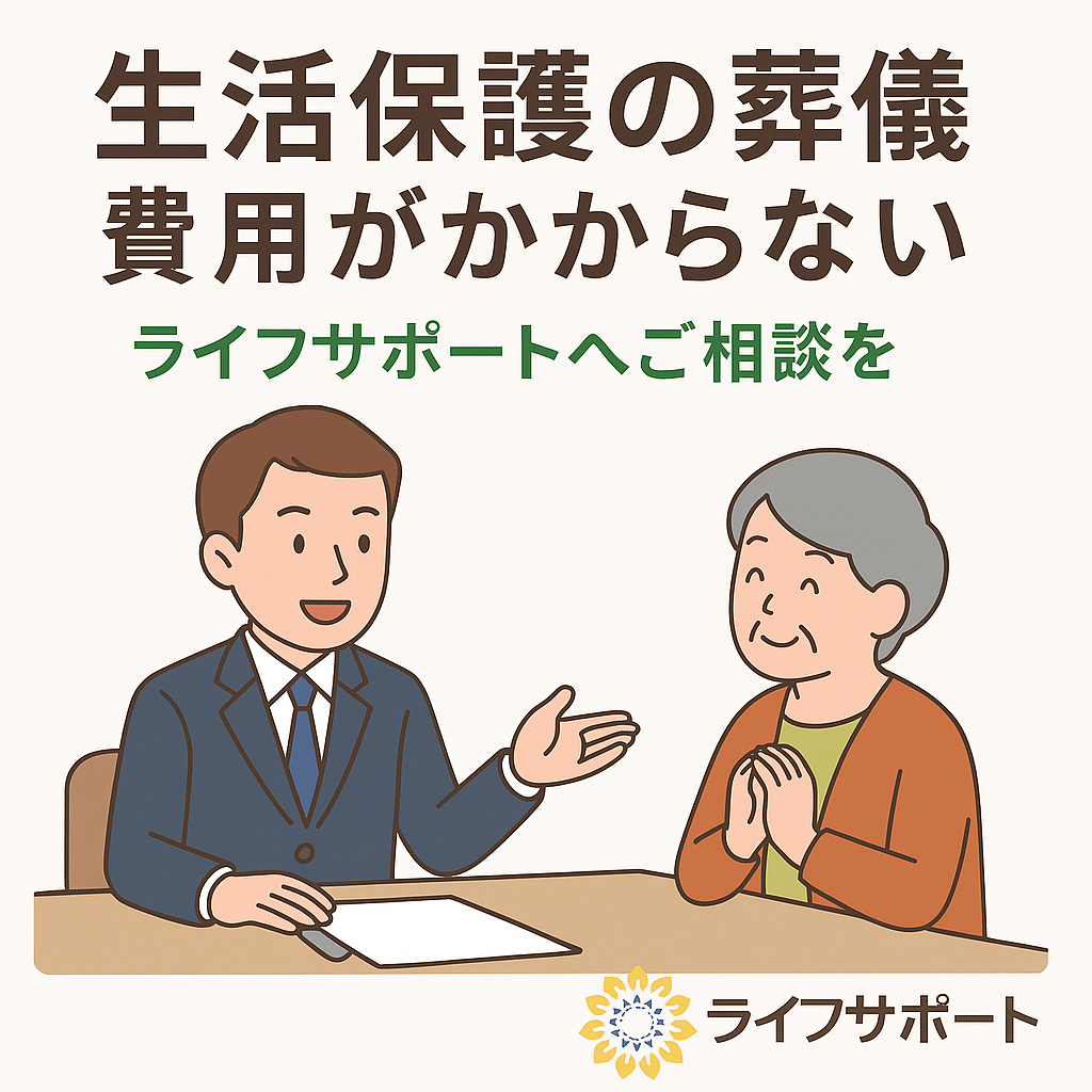 「生活保護の葬儀に対応するライフサポートのイラスト。カラフルな背景に、ひまわりをモチーフにしたライフサポートのロゴと社名が入り、安心感をアピールしているデザイン。」