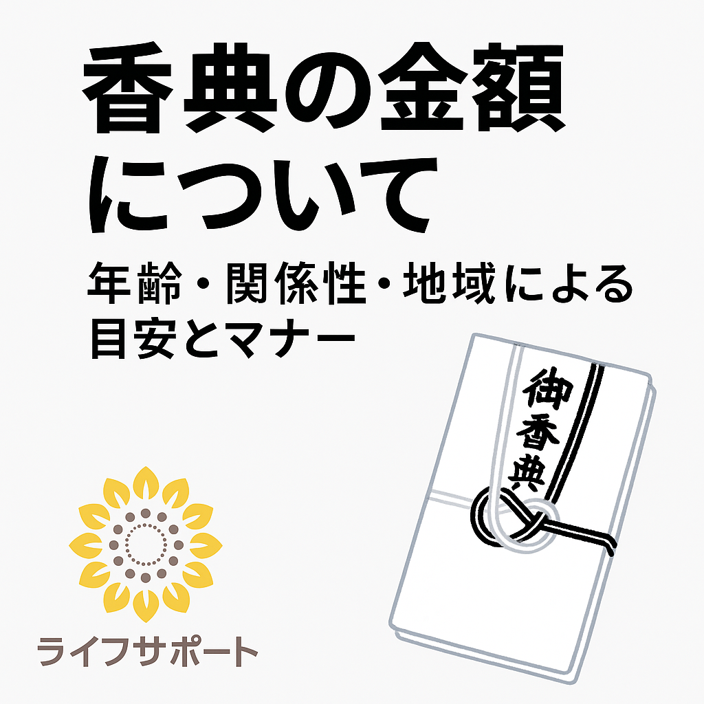 「香典の金額相場について解説する日本語のブログ用イラスト。香典袋と金額イメージのアイコンが描かれ、『香典の金額 相場まとめ』というタイトルが記載されている。背景は白、株式会社ライフサポートのロゴ入り。」