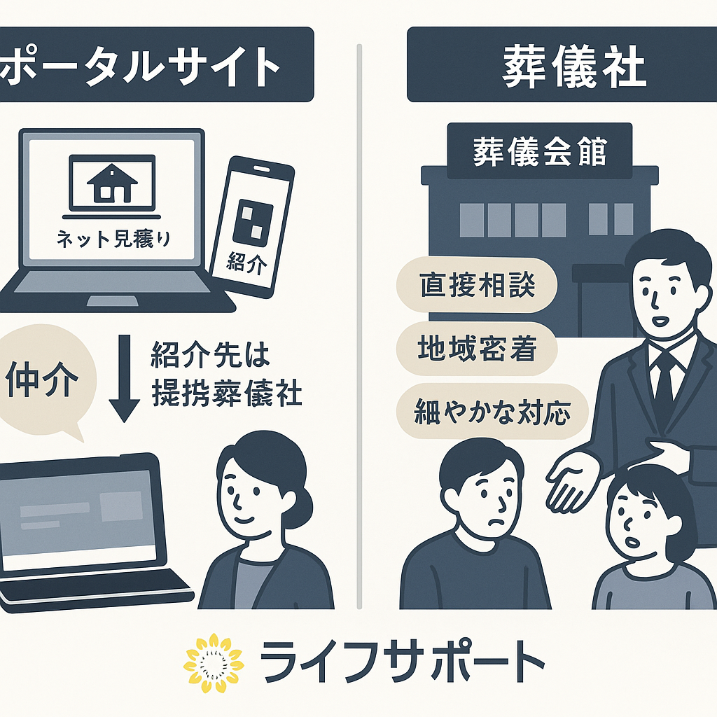 「葬儀ポータルサイトと地域葬儀社の違いを示すイラスト。左側にポータルサイトを表示するパソコン、右側にライフサポートのスタッフとお客様が対面で相談する様子。白背景、ライフサポートのロゴ入り。」
