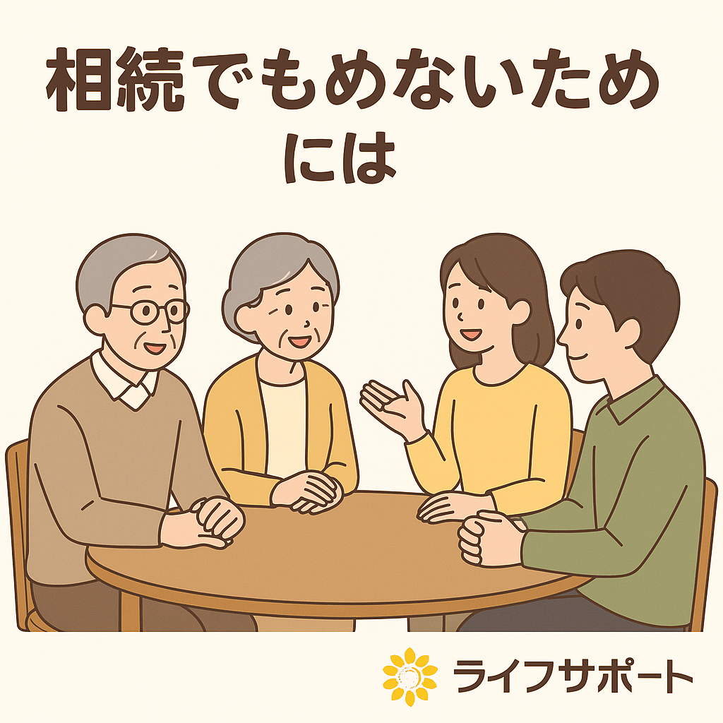 「家族が円卓を囲み、相続について穏やかに話し合う様子を描いたデジタルイラスト。背景は白。画面右下に『ライフサポート』の社名とロゴが入っている。」
