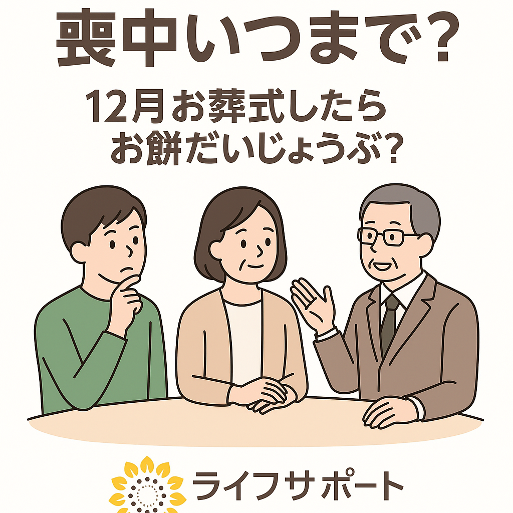 喪中はいつまでかを家族で話し合うイラスト　お正月やお餅についての疑問を解説するライフサポートのブログ用画像