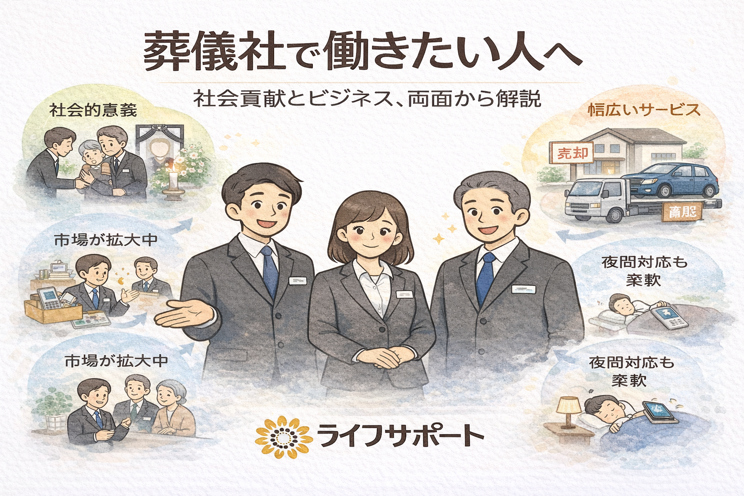 「葬儀社で働くことを考えるスタッフのイラスト。社会的意義と安定した仕事としての葬儀業界を解説するブログのアイキャッチ画像」