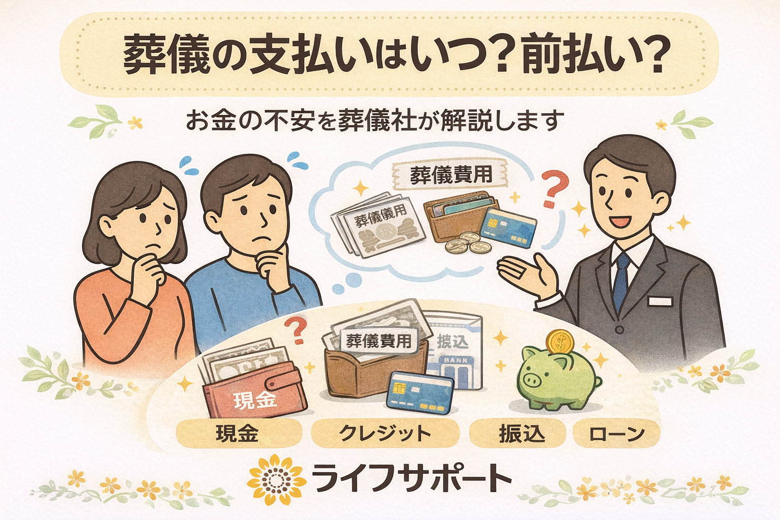 葬儀の支払いはいつなのか前払いが必要かを不安に思う家族に、葬儀社スタッフが現金・クレジットカード・振込・葬儀ローンなどの支払い方法を説明しているイラスト（ライフサポート）