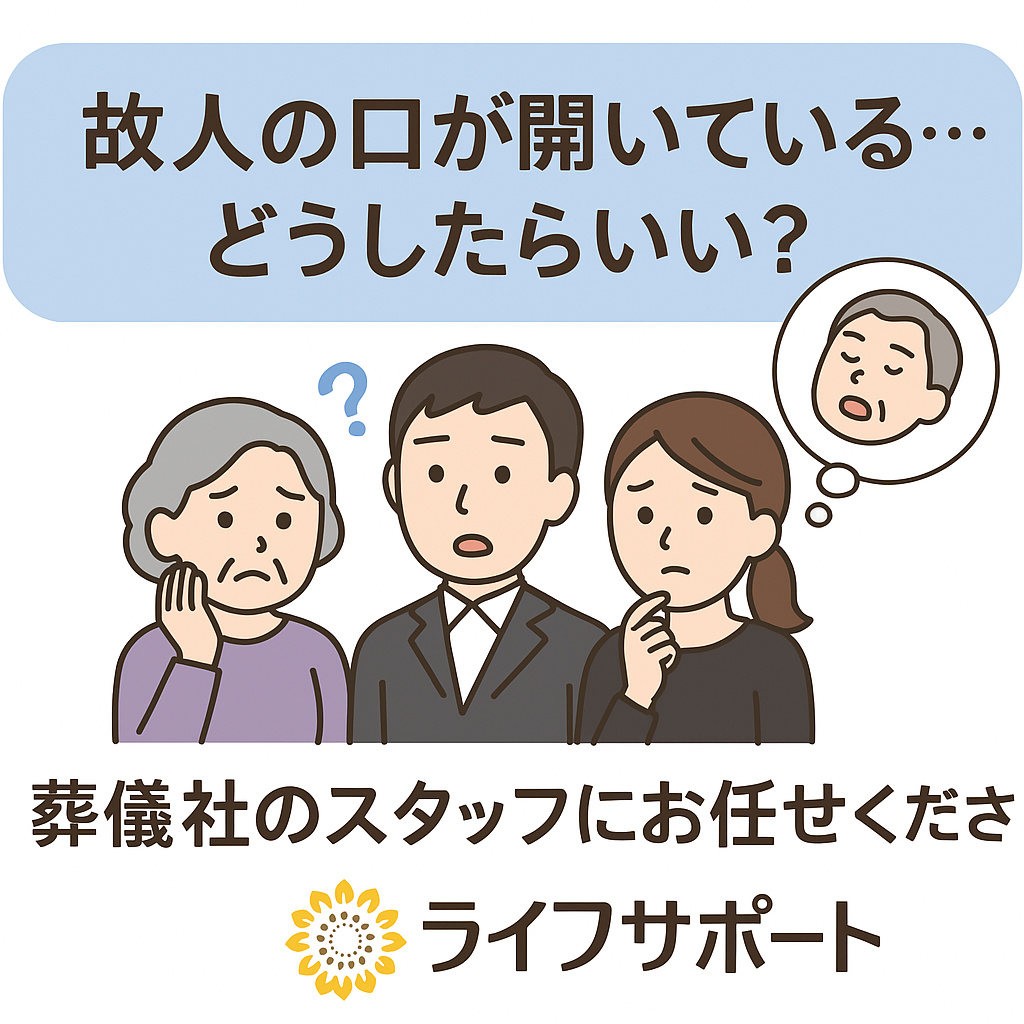 故人の口が開いているときの原因と対処を葬儀社スタッフが説明するイラスト