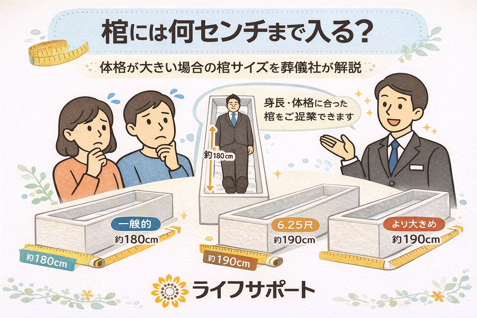 棺のサイズは何センチまで入るのかを葬儀社が解説するイラスト。体格に合わせた棺選びの説明。
