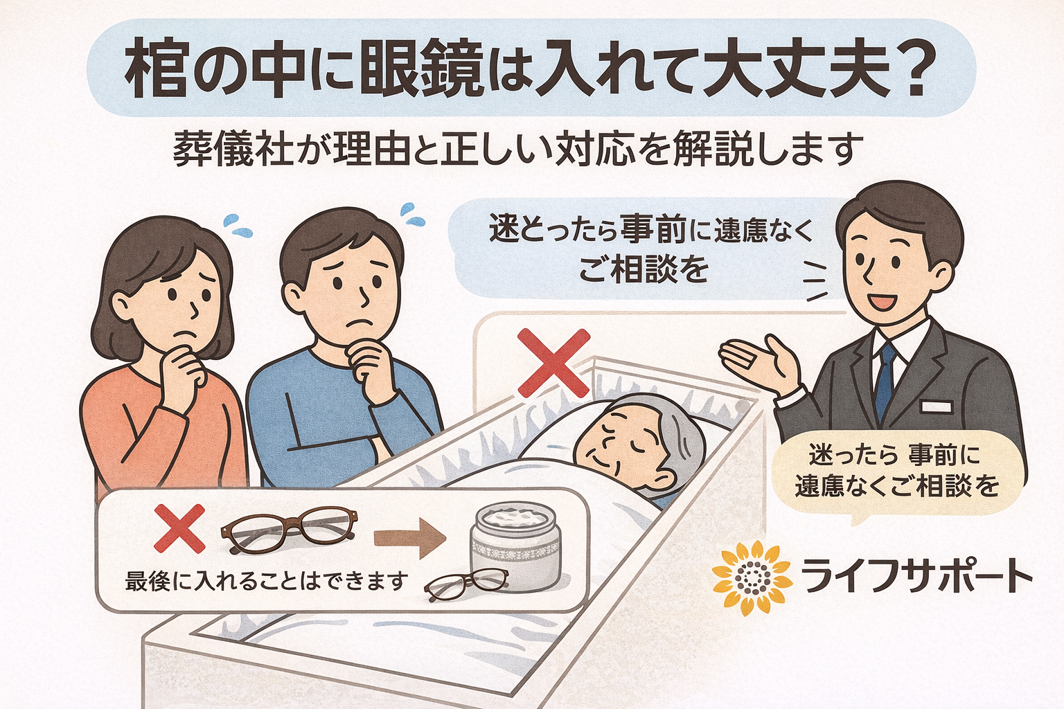 「棺の中に眼鏡を入れてよいか悩むご家族と説明する葬儀社スタッフのイラスト。火葬時は眼鏡を入れられない理由と、収骨時に骨壺へ入れられることを案内する様子。ライフサポートのロゴ入り」