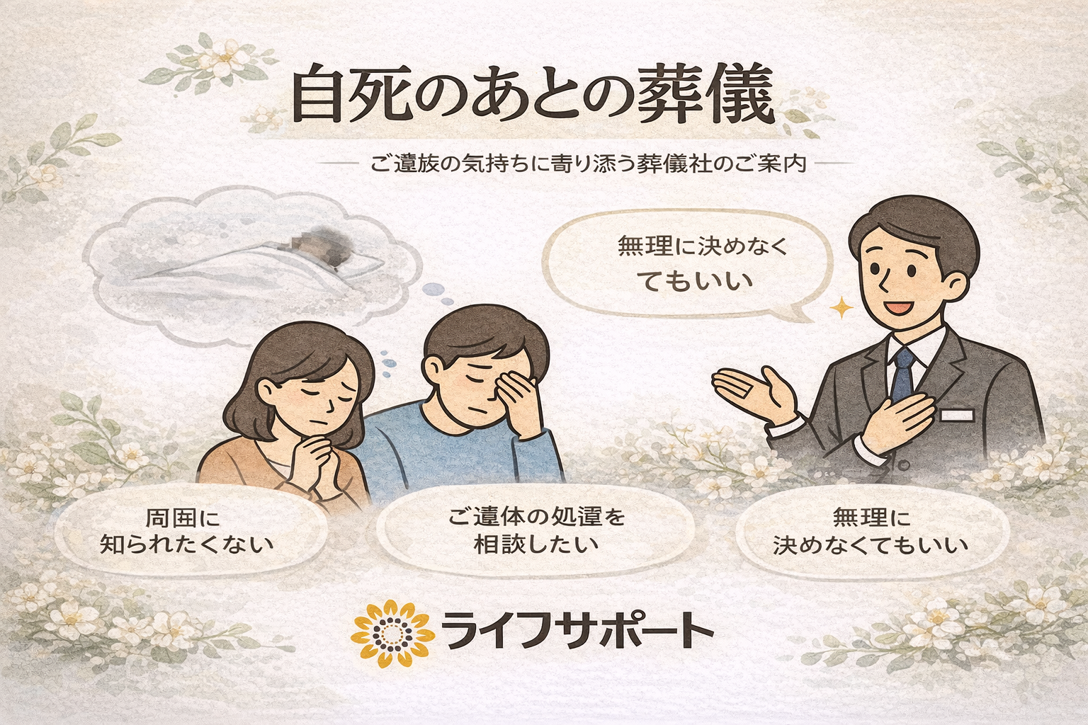 「自死のあとの葬儀について悩むご家族に寄り添う葬儀社の対応を表したイラスト｜無理に決めなくていい葬儀の考え方」