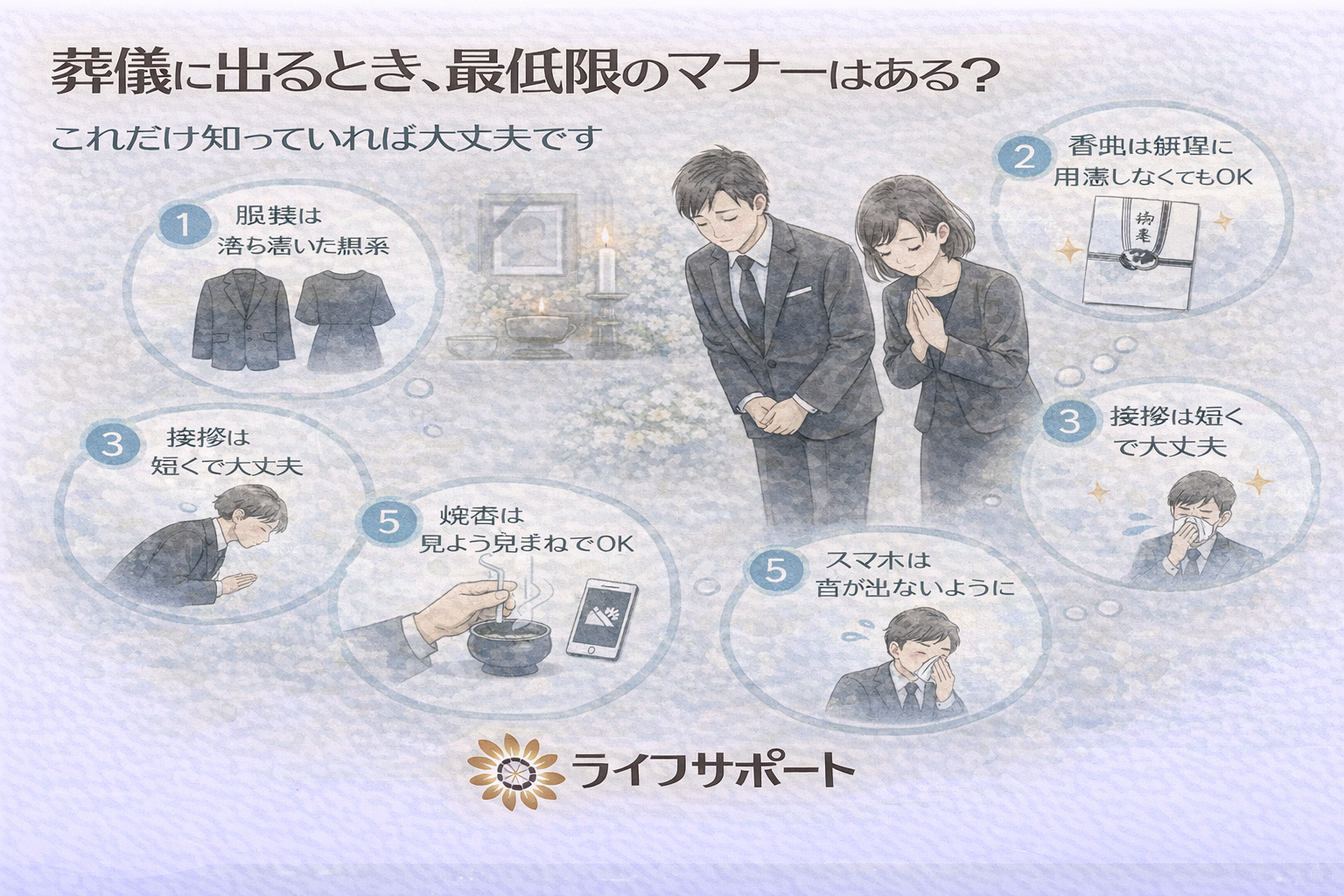 「葬儀に参列する際の最低限のマナーを分かりやすく伝えるイラスト。服装や挨拶など基本的なポイントを解説する葬儀社ブログのアイキャッチ画像」