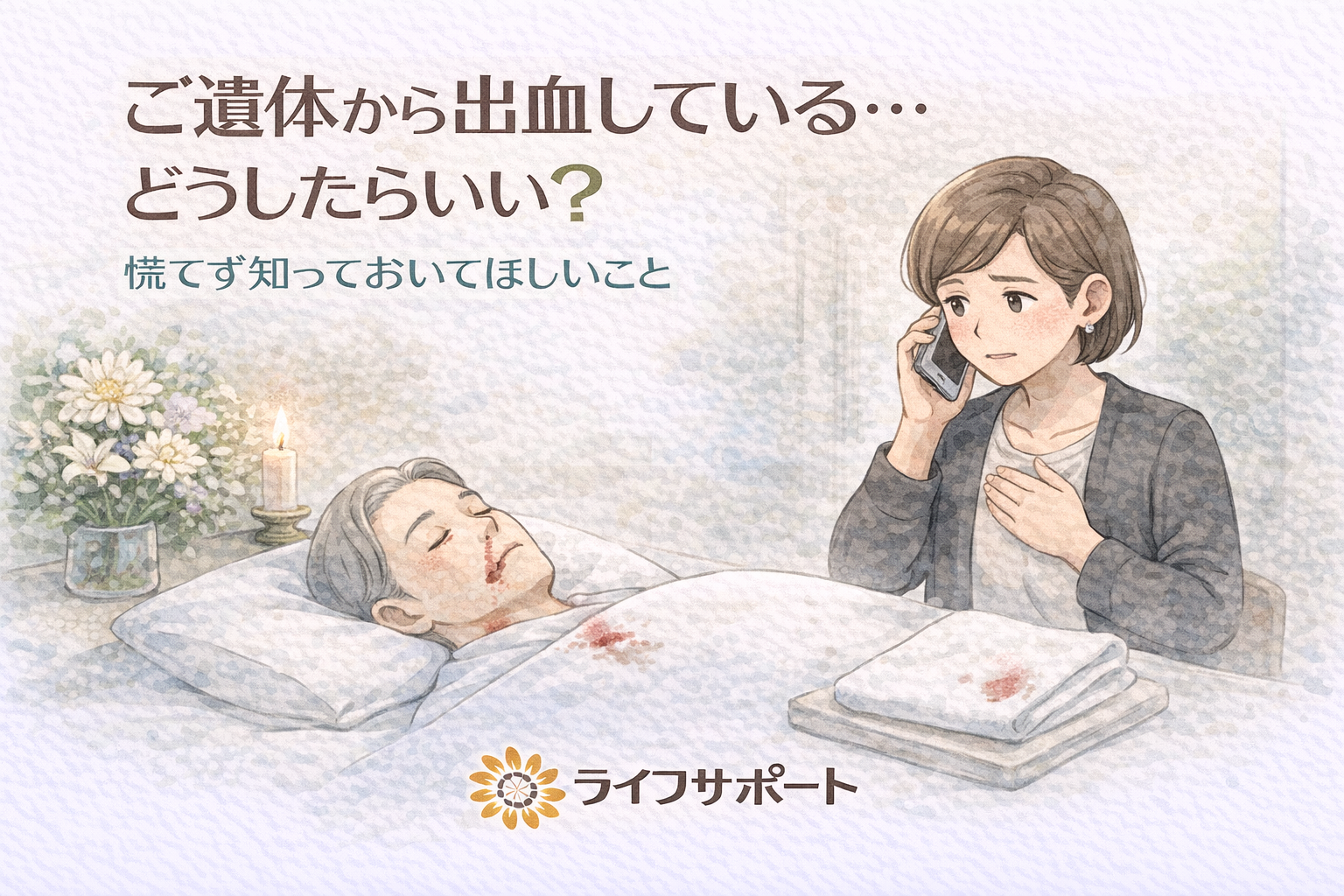 「ご遺体から出血している状況に戸惑い、電話で相談する家族のイラスト。慌てず葬儀社に連絡する大切さを伝えるブログのアイキャッチ画像」