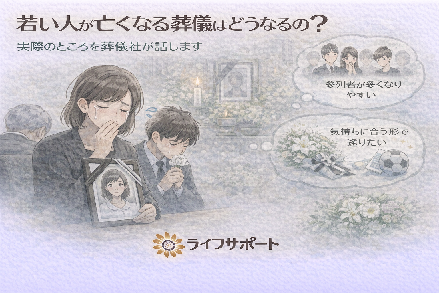 「若い人が亡くなった葬儀で深い悲しみの中にいる家族や友人を描いたイラスト。若い方の葬儀の雰囲気や特徴を伝えるブログのアイキャッチ画像」
