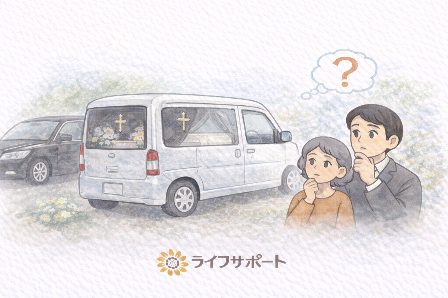 「軽自動車の霊柩車について悩む家族のイラスト。自宅搬送や霊柩車の違いを説明する葬儀ブログ用画像」