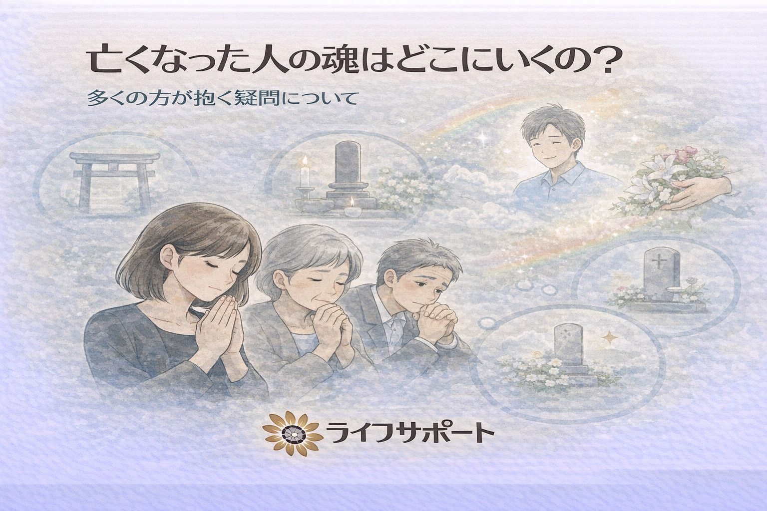 「亡くなった人の魂はどこにいくのかを静かに考える家族のイラスト。宗教を断定せず心の在り方を伝える葬儀社ブログのアイキャッチ画像」