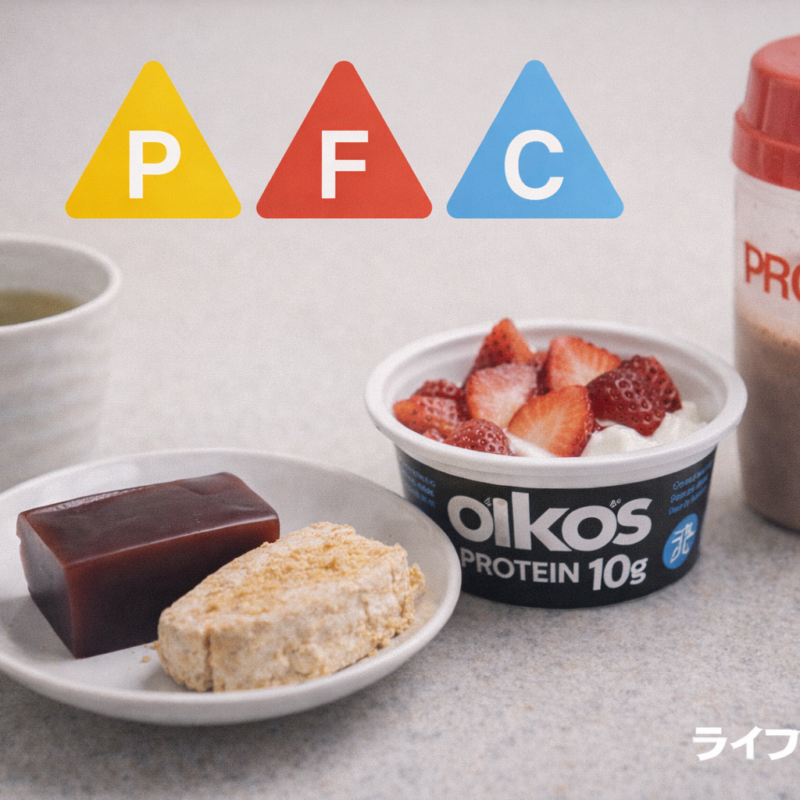 和菓子・プロテイン・高たんぱくヨーグルトなどPFCバランスを意識した健康的なおやつを紹介するイメージ写真