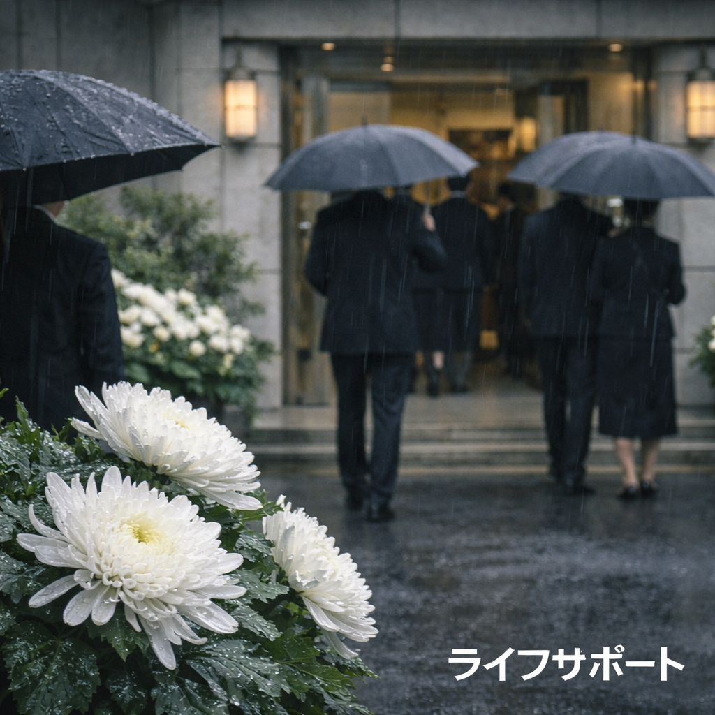 雨の中で葬儀場に向かう参列者と白い菊の花を写したなみだ雨のイメージ写真