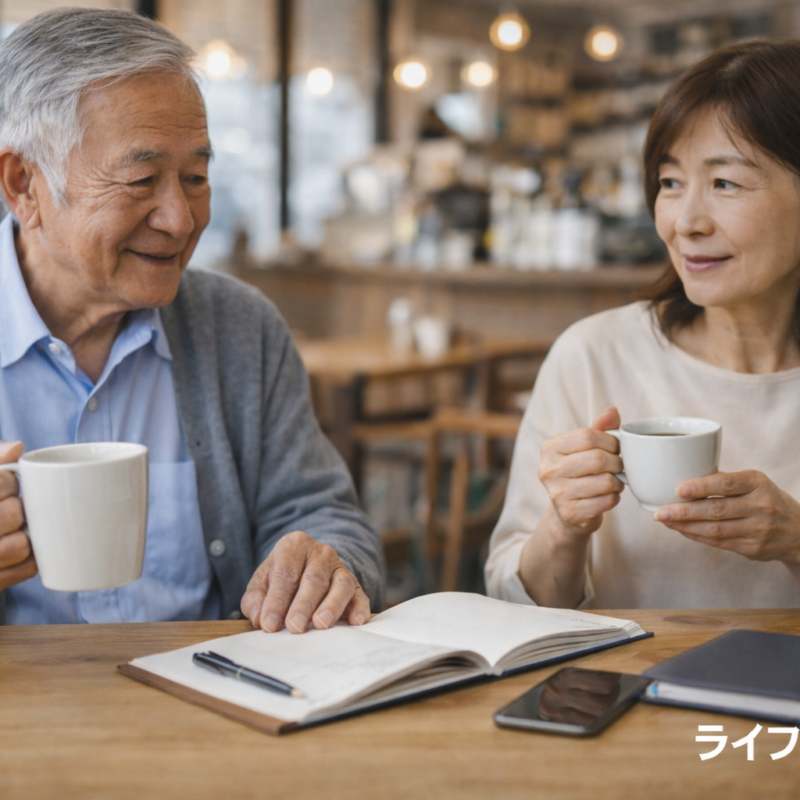 カフェで打ち合わせをする高齢夫婦の様子から最近カフェが増えている理由を考えるイメージ写真