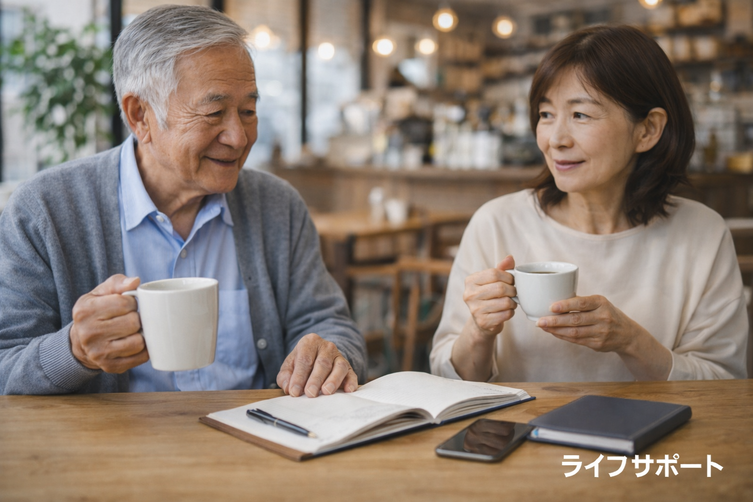カフェで打ち合わせをする高齢夫婦の様子から最近カフェが増えている理由を考えるイメージ写真