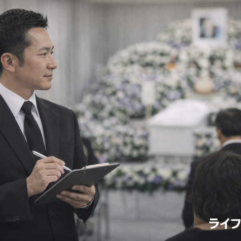 葬儀ディレクターが式場で進行を確認する様子を写した葬儀現場のイメージ写真