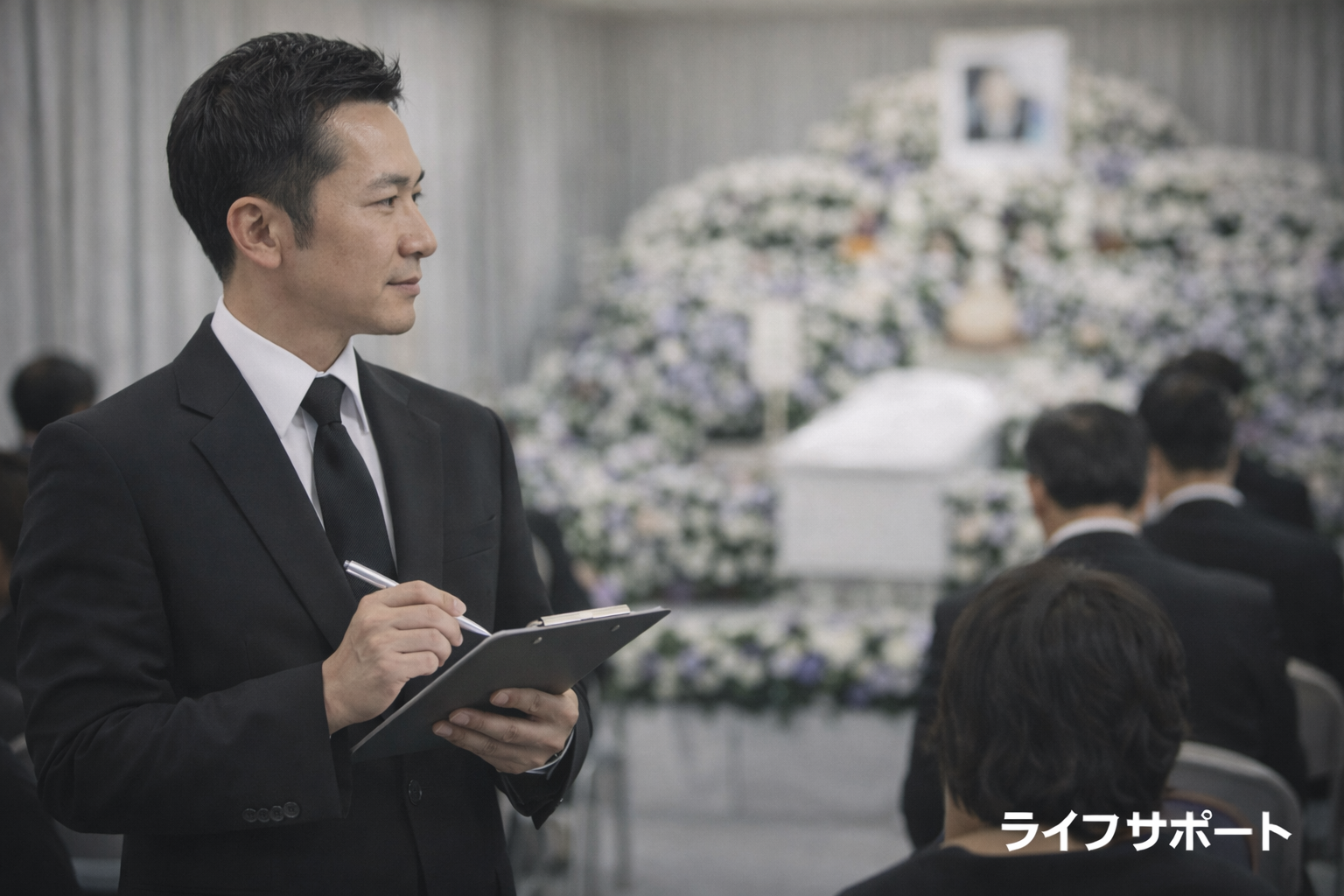 葬儀ディレクターが式場で進行を確認する様子を写した葬儀現場のイメージ写真