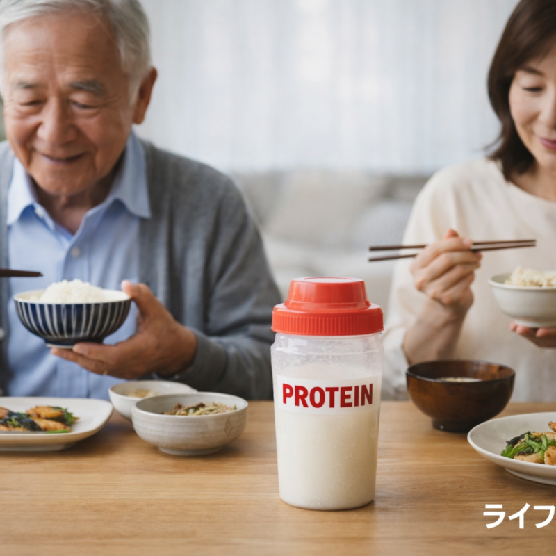 食事と一緒にプロテインを取り入れる高齢者の日常的な栄養習慣を表したイメージ写真