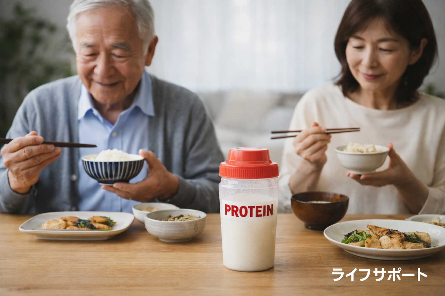 食事と一緒にプロテインを取り入れる高齢者の日常的な栄養習慣を表したイメージ写真