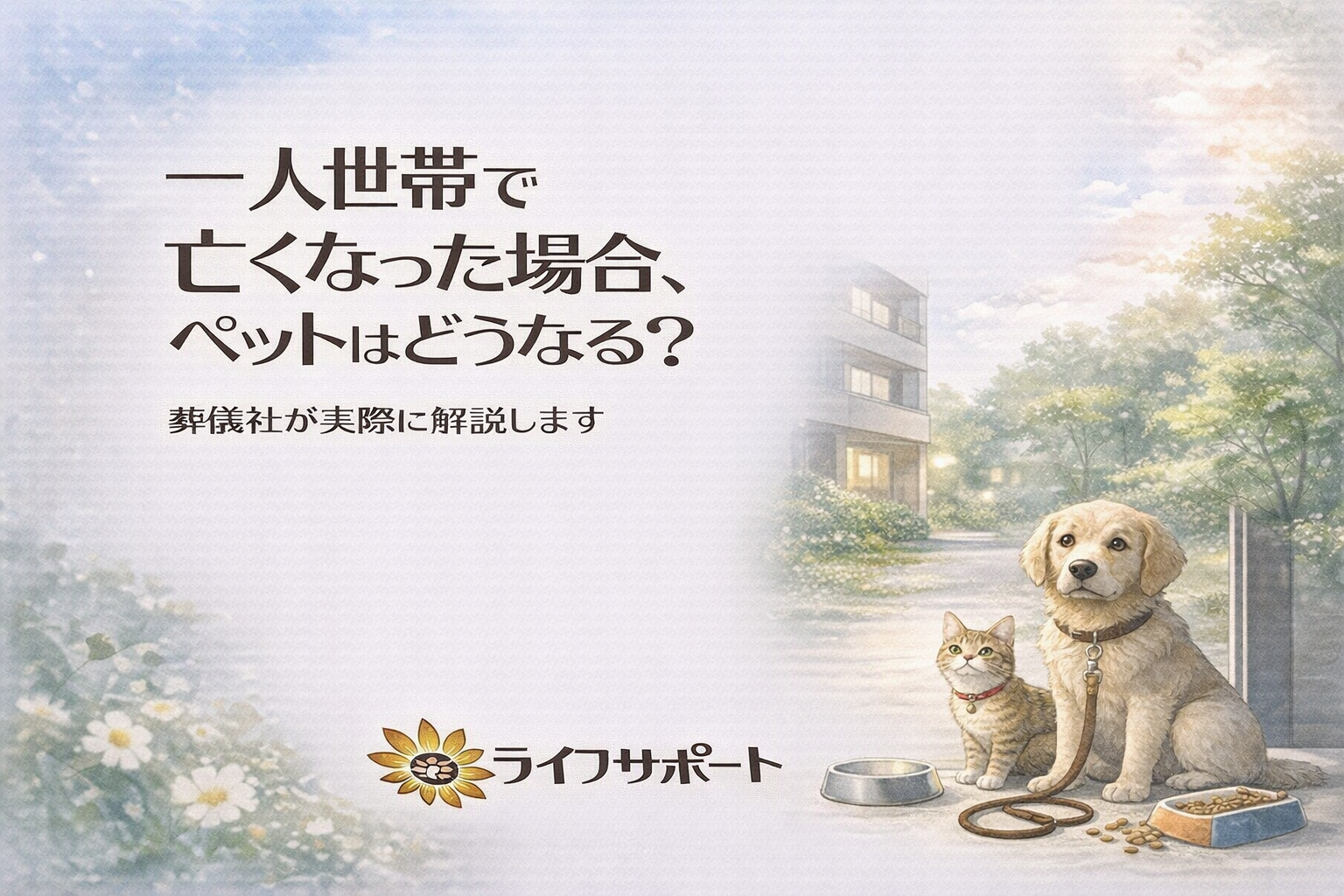 「一人世帯で亡くなった場合にペットはどうなるのかを解説する葬儀社ブログのアイキャッチ画像。自宅前で犬と猫が待つ様子をやさしい水彩風で描いたイラスト」