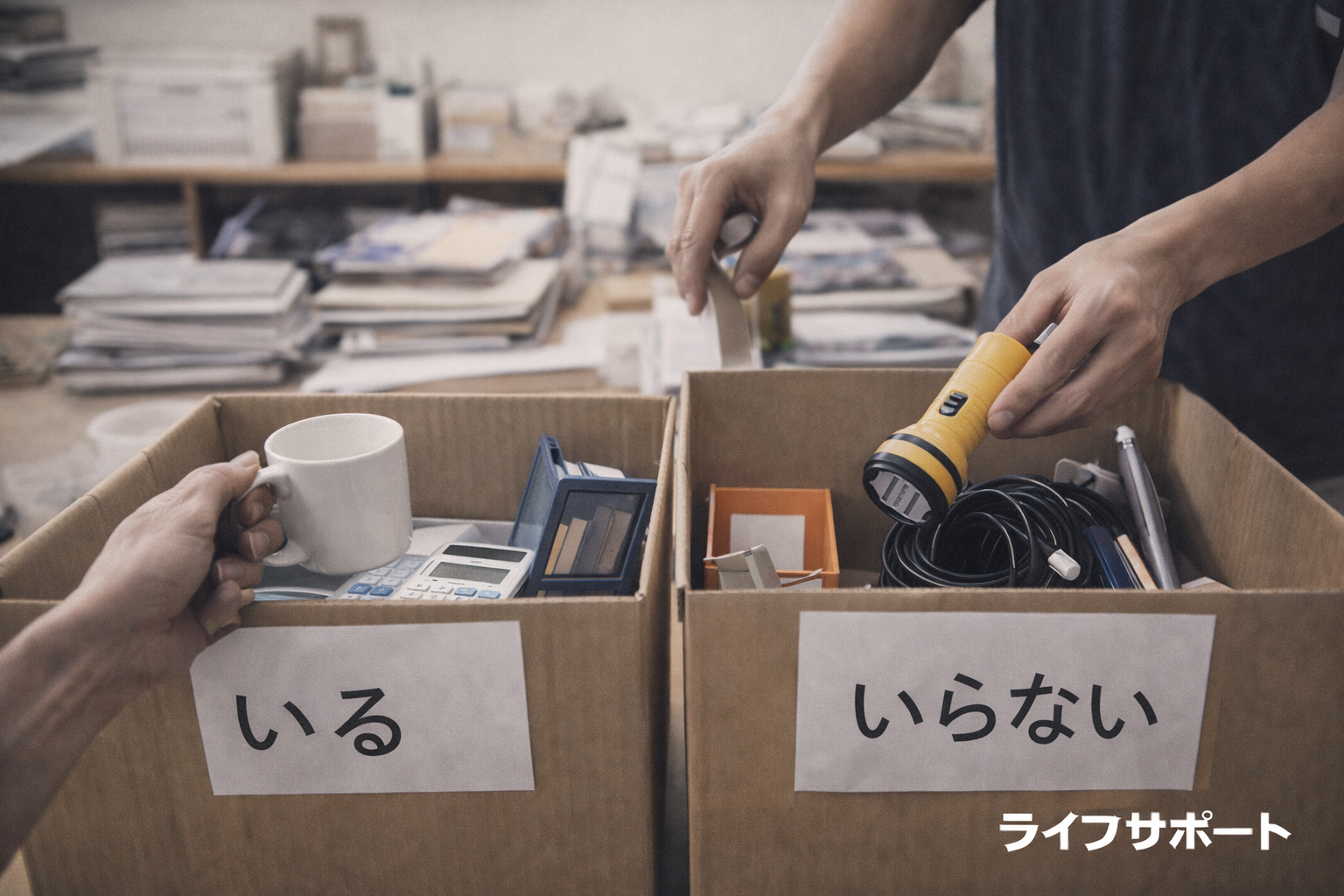 不要な物と必要な物を仕分けし部屋の整理整頓を進める片付け作業のイメージ写真