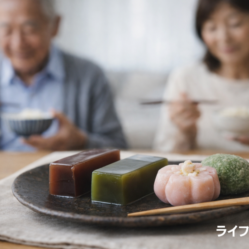 羊羹や大福などの和菓子と食事を楽しむ高齢夫婦を写した健康的なおやつ習慣のイメージ写真