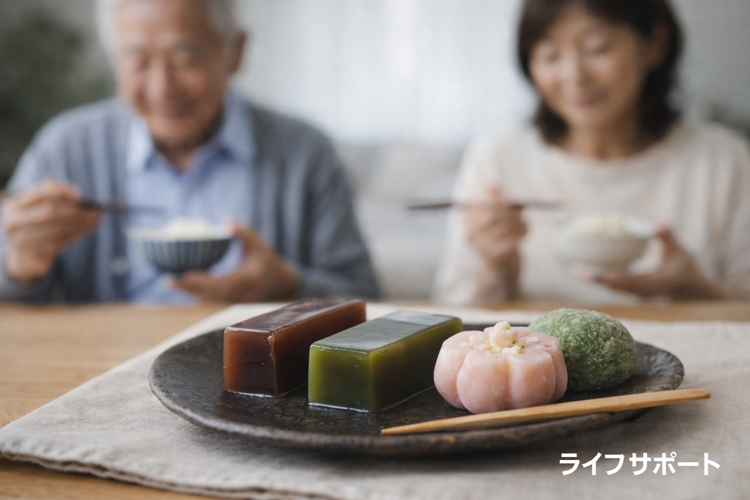 羊羹や大福などの和菓子と食事を楽しむ高齢夫婦を写した健康的なおやつ習慣のイメージ写真