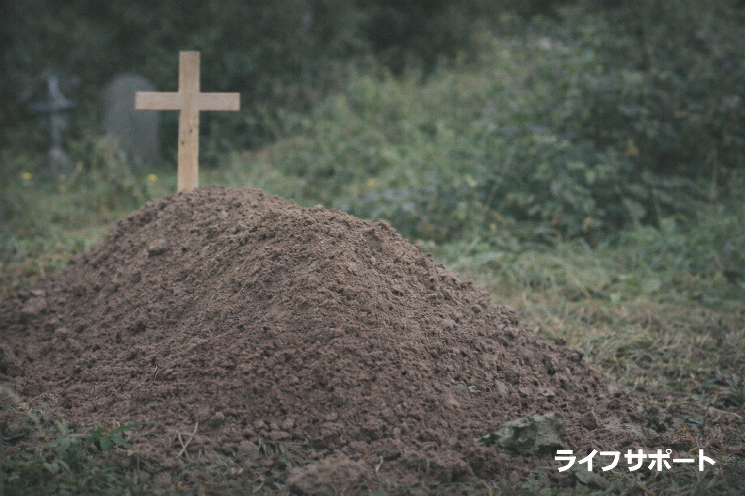 日本で土葬はできるのかを解説する記事のアイキャッチ画像・静かな墓地の土の盛り上がりと十字架の風景