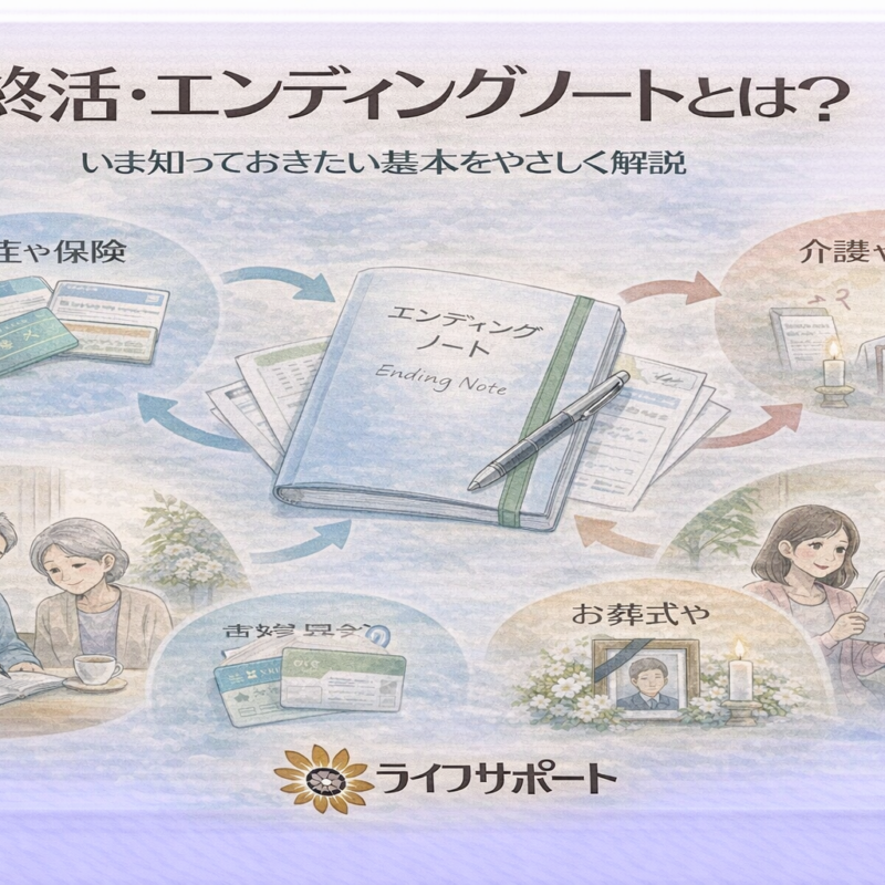 「終活とエンディングノートの内容をやさしく解説したイラスト。高齢夫婦がノートを書きながら、財産・医療・葬儀などの準備を考えている様子を描いた葬儀社ブログのアイキャッチ画像」