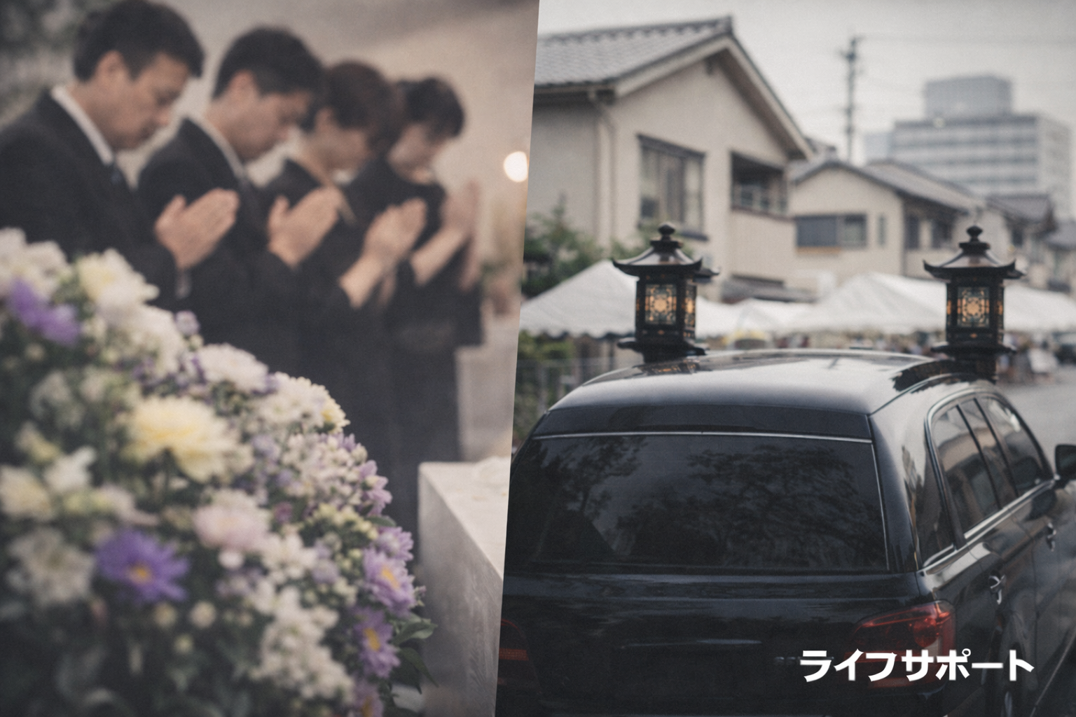 近所で葬儀が続く現象を表す日本の葬儀風景と霊柩車のイメージ写真