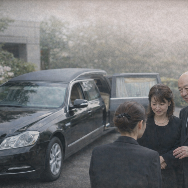 霊柩車の前で遺族が見送る様子と車両の外観が分かる葬儀イメージ写真