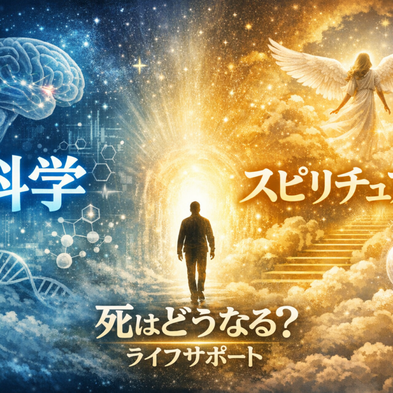 死はどうなるのかを科学とスピリチュアルの視点で解説したアイキャッチ画像 人生の終わりとその先を表現したイメージ