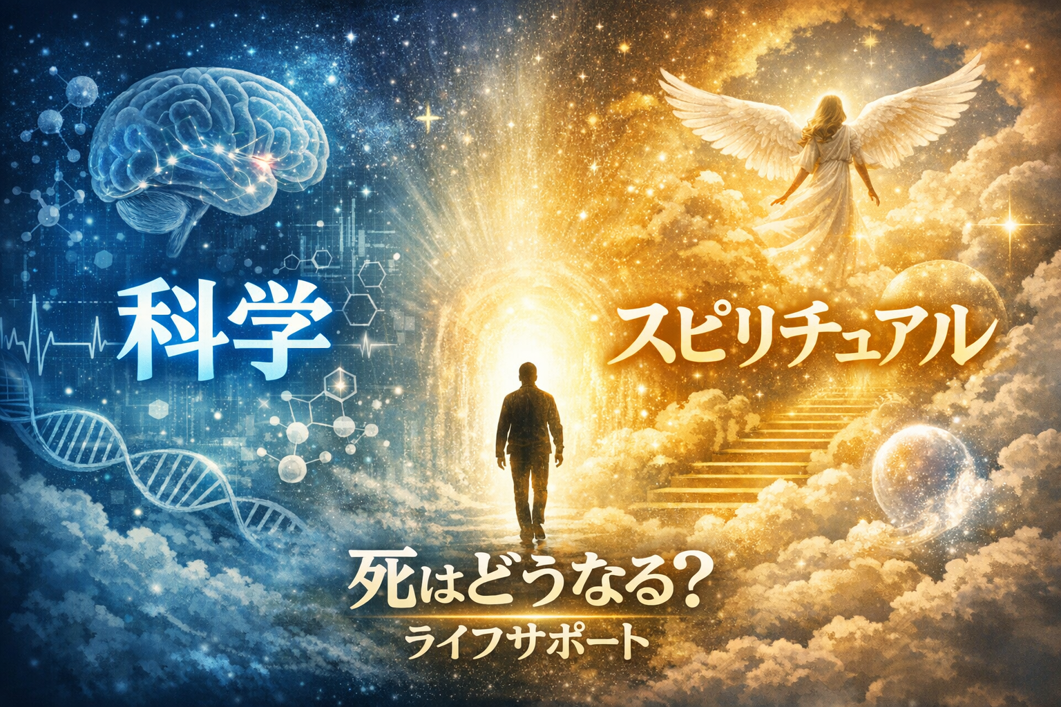 死はどうなるのかを科学とスピリチュアルの視点で解説したアイキャッチ画像 人生の終わりとその先を表現したイメージ