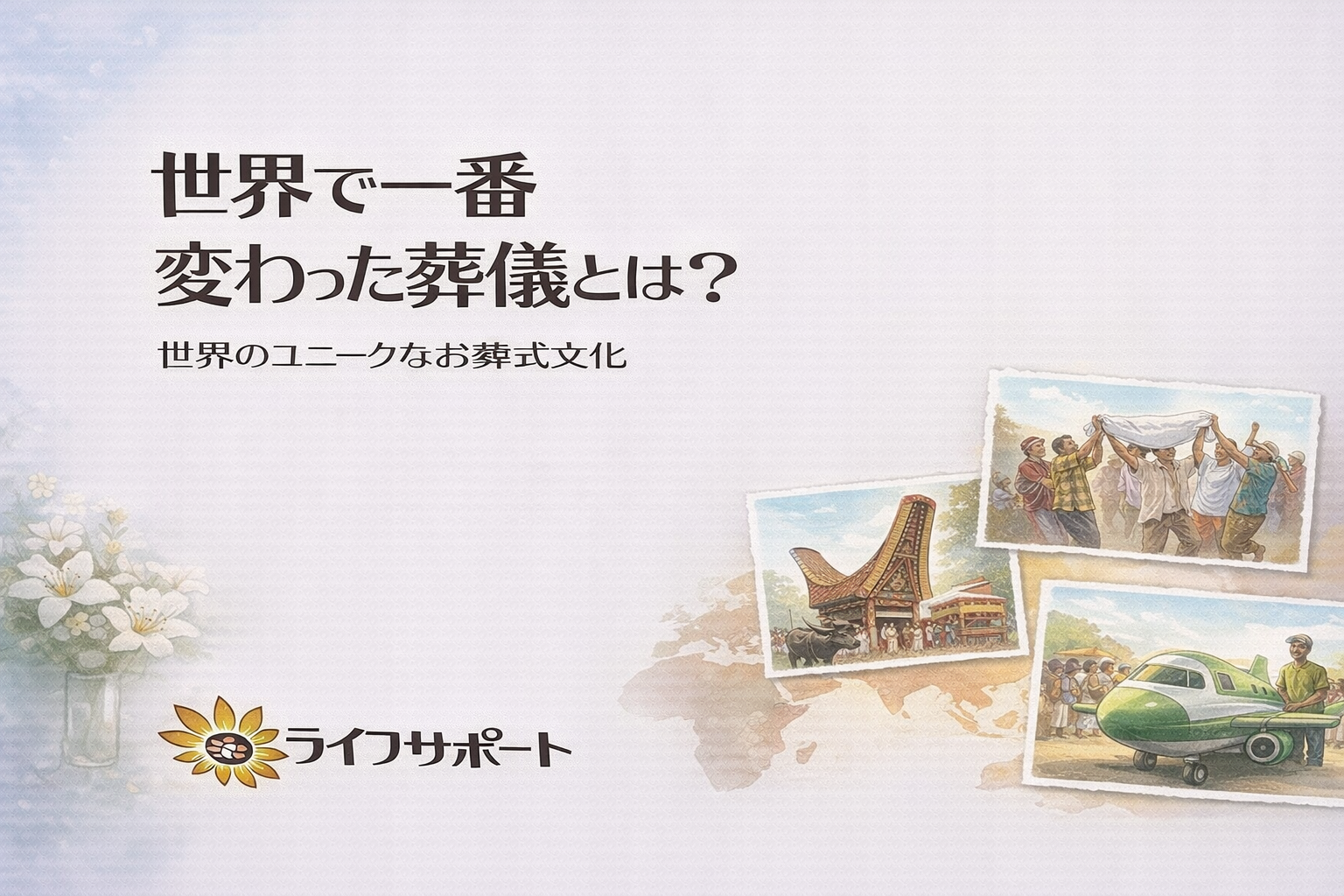 世界のさまざまな葬儀文化（インドネシア・マダガスカル・ガーナなど）を紹介するイラストとライフサポートのロゴが入ったブログアイキャッチ画像