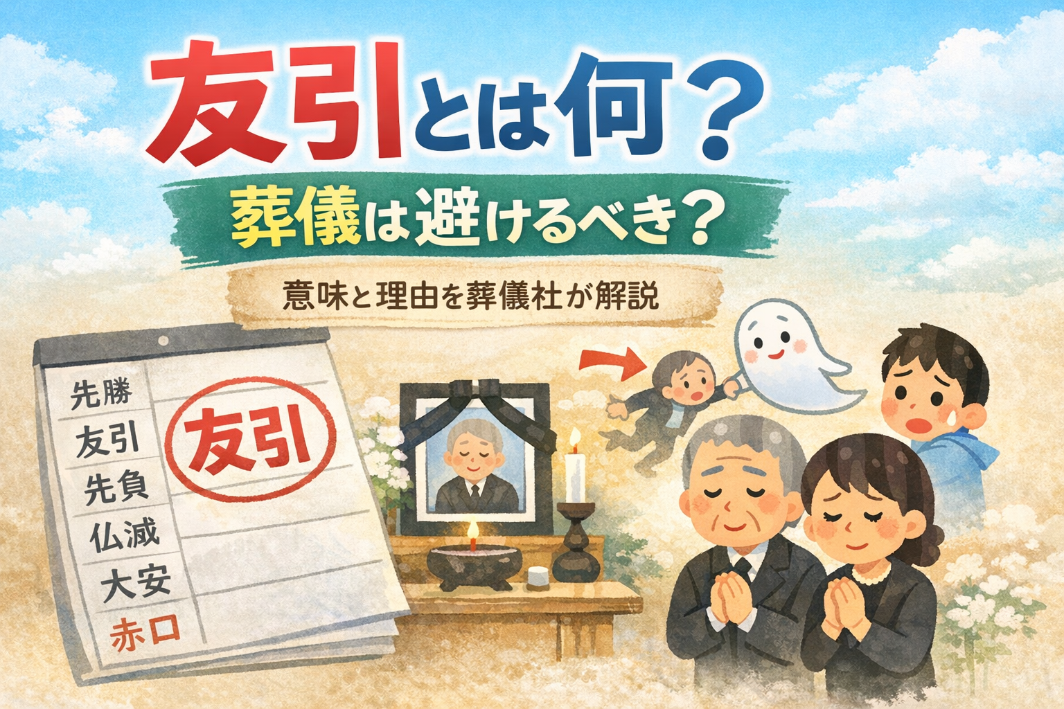 友引とは何かを解説したアイキャッチ画像 葬儀で避けるべきかどうかを分かりやすく説明