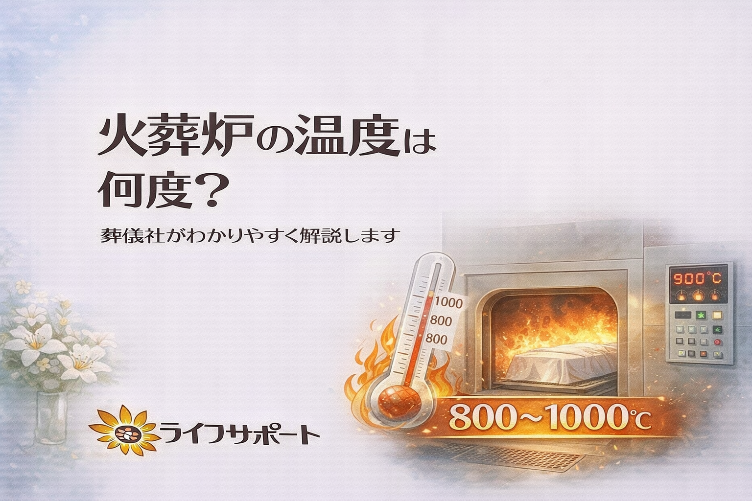 火葬炉の温度は何度なのかを解説するブログのアイキャッチ画像。火葬炉のイラストと温度計を使い、約800〜1000℃の火葬温度を説明するライフサポートの解説イメージ。