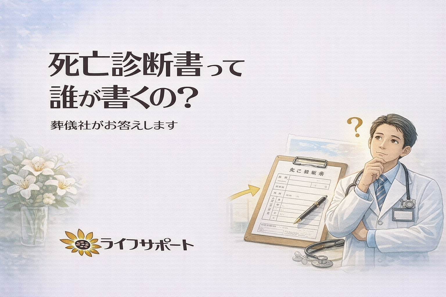 死亡診断書は誰が書くのかを解説するブログのアイキャッチ画像。医師と死亡診断書の書類をイラストで表現し、ライフサポートのロゴが入った解説用イメージ。
