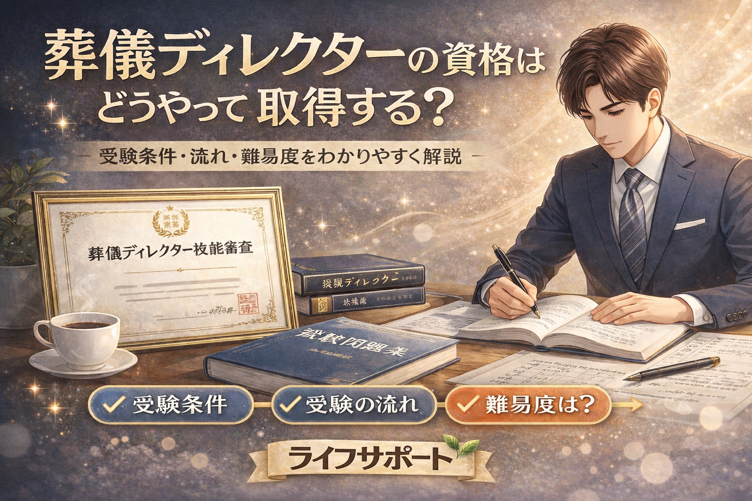 葬儀ディレクターの資格取得方法を解説したアイキャッチ画像 受験条件や流れ難易度をわかりやすく紹介