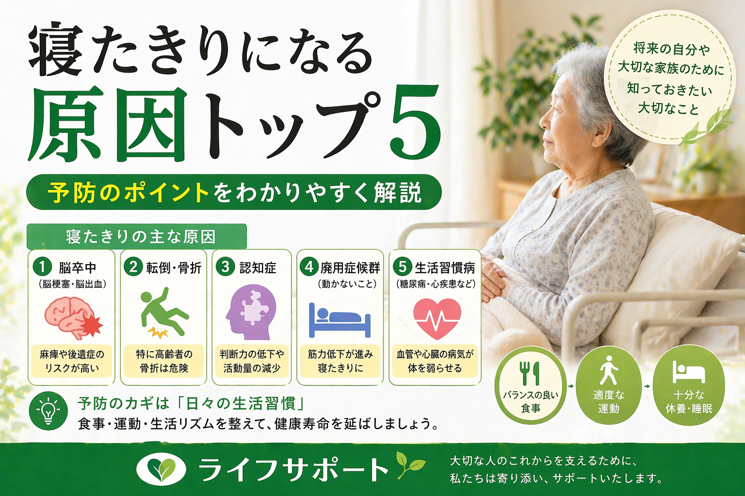 寝たきりになる原因トップ5をわかりやすく解説したアイキャッチ画像 予防のポイントも紹介