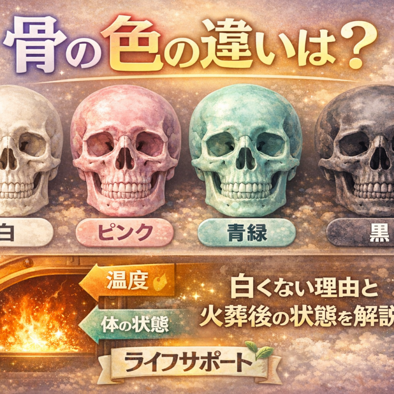 骨の色の違いを分かりやすく解説したアイキャッチ画像 火葬後の骨が白やピンク青緑黒になる理由を説明