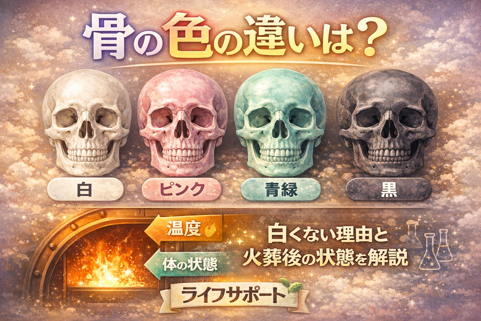 骨の色の違いを分かりやすく解説したアイキャッチ画像 火葬後の骨が白やピンク青緑黒になる理由を説明